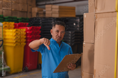 An inspector or auditor giving a thumbs down gesture. Highlighting poor and shoddy product quality or bad inventory management at a warehouse.