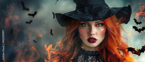 A red-haired witch with a black hat amidst flying bats and flames, creating a dark and atmospheric scene