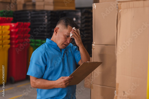 A clerk or supervisor wipes sweat from his forehead while checking inventory inside a hot and humid warehouse.
