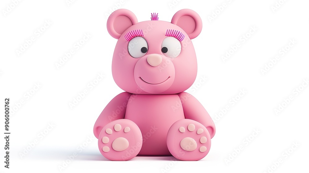Fototapeta premium Detailed 3D Icon of a Cartoon Bear Character with Eyelashes in Pink Colors on a Solid White Background