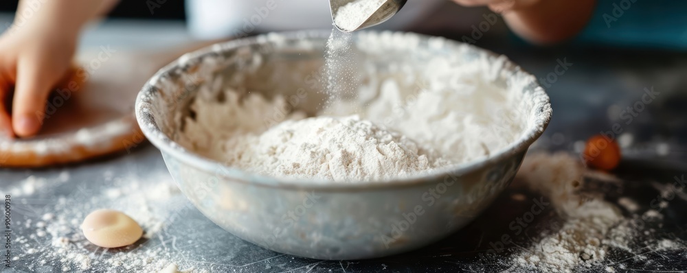 A child carefully measuring flour with a measuring cup, adding it to a mixing bowl A child carefully measuring flour with a measuring cup, adding it to a mixing bowl
