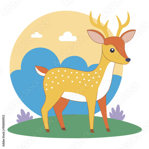A cartoon fawn with antlers standing in a field with blue hills and clouds