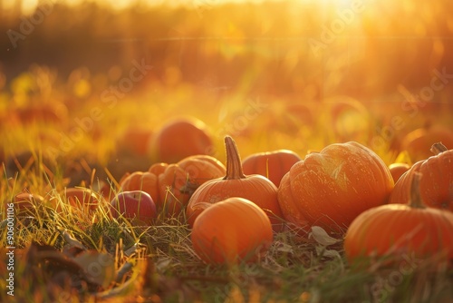A serene autumn sunset in a pumpkin field, filled with ripe pumpkins glowing under the golden light.