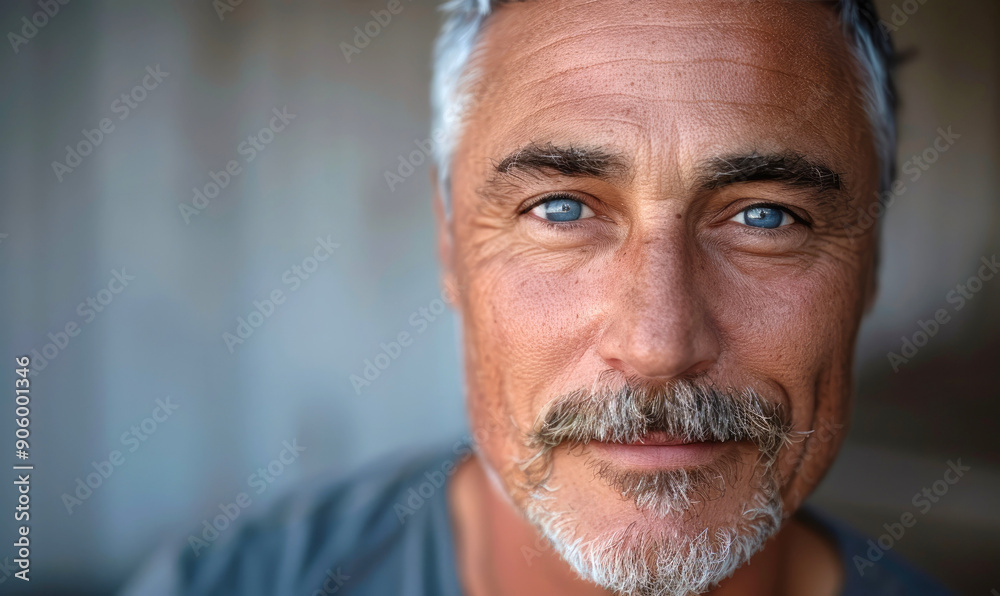 Close-Up Portrait of a Human Sorcerer with Grey Hair, Mustache, Goatee, and Kind Blue Eyes
