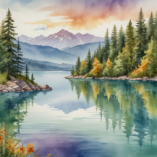 Watercolor illustration of the Flathead Lake in Montana. Capture the serene beauty of the largest natural freshwater lake in the western U.S.,