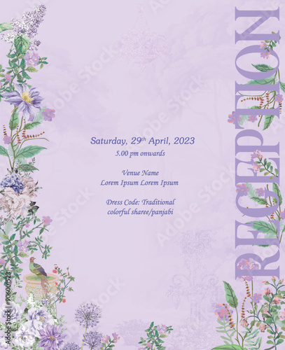 Wedding invitation card for reception. Reception wedding card for printing vector illustration.