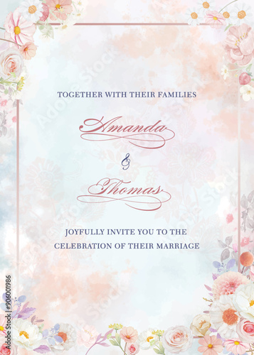 Wedding invitation card with watercolor flowers. Vector illustration.