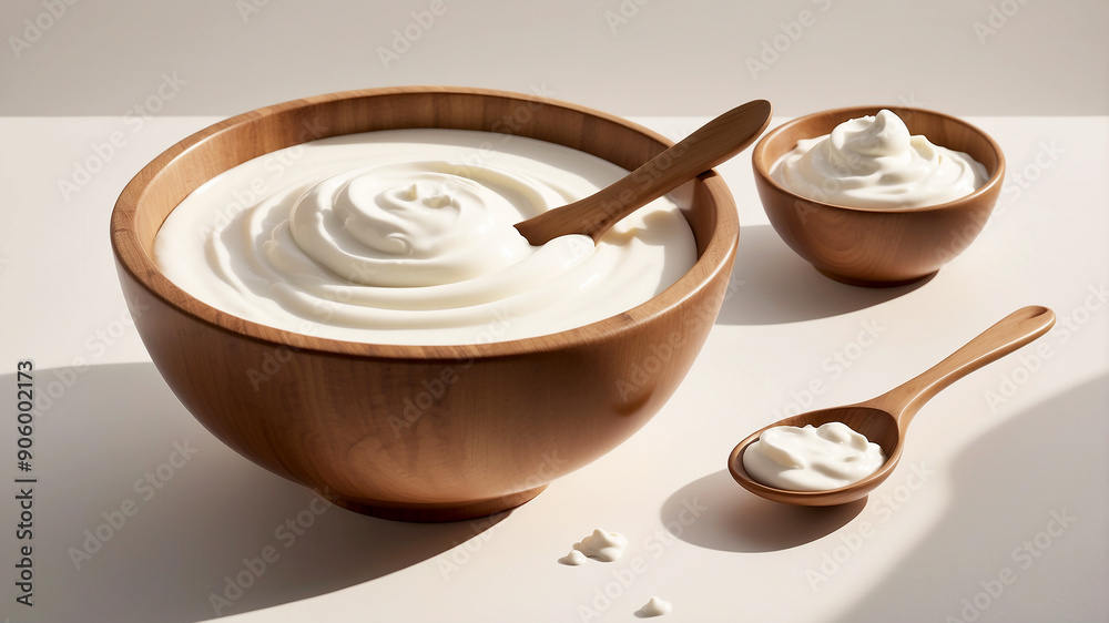 wooden bowl filled with sour cream, with a spoon scooping out a dollop. Nearby, a jar of mayonnaise and a container of yogurt are placed in a neatly arranged scene wooden bowl filled with sour cream, with a spoon scooping out a dollop. Nearby, a jar of mayonnaise and a container of yogurt are placed in a neatly arranged scene