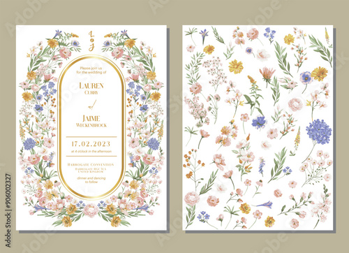 Garden Flowers Wedding Invitation Card Design, Wildflower Wedding Invite, Colorful Spring Floral Invitation Card.