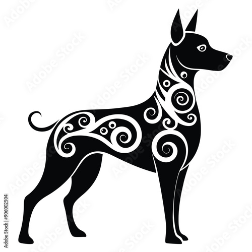 Black and White Silhouette of a Dog with Swirling Patterns