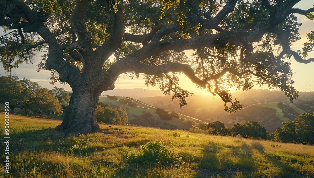 A large oak tree stands in the center of an open field, A large oak tree stands in the center of an open field,