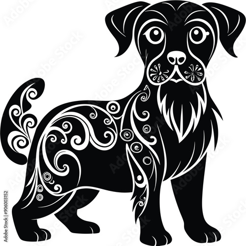 Ornate Black and White Silhouette of a Dog