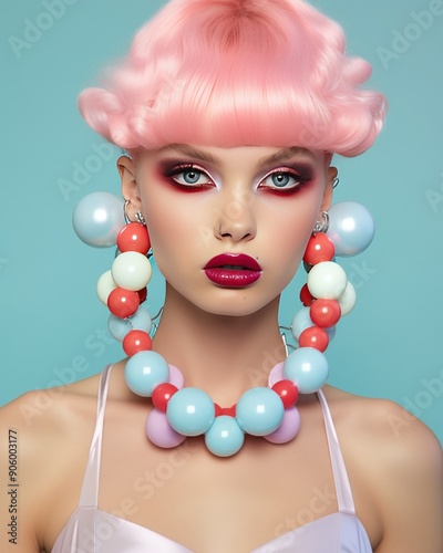 Portrait of a woman with pink hair and colorful jewelry photo