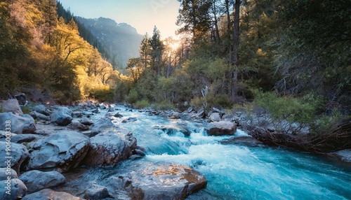 beautiful blue river rushing through a mountain forest