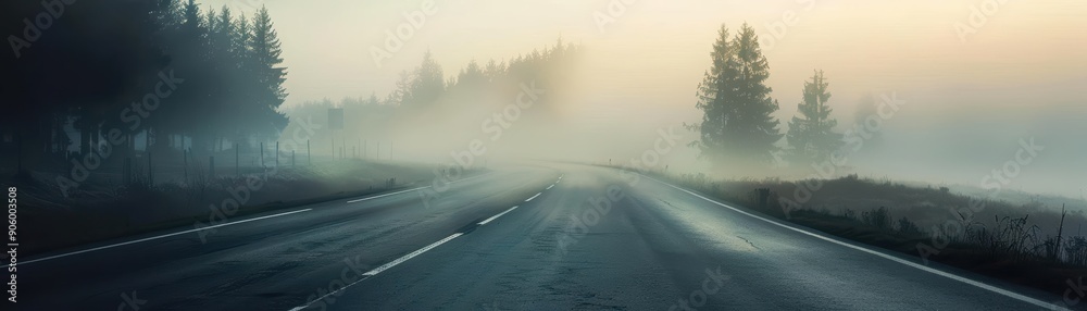 A winding road disappears into the fog, with trees lining the edges. The sun shines through the mist, casting a warm glow. A winding road disappears into the fog, with trees lining the edges. The sun shines through the mist, casting a warm glow.