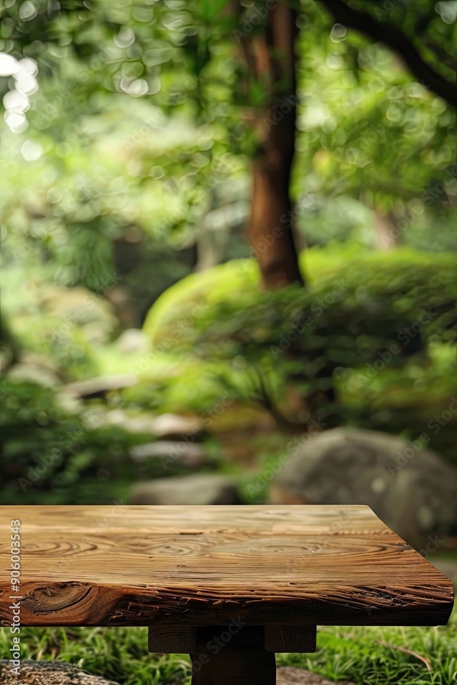 A wooden table standing out on a serene zen garden background A wooden table standing out on a serene zen garden background