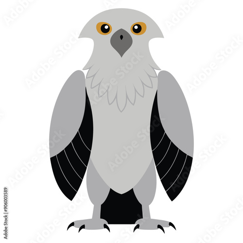 Cartoon illustration of a grey hawk with black wings and orange eyes photo