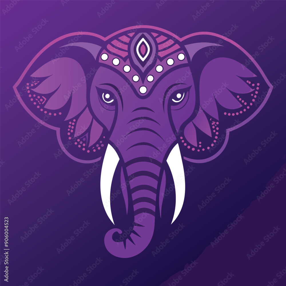 Purple Elephant Head with Ornate Headband and Tusks