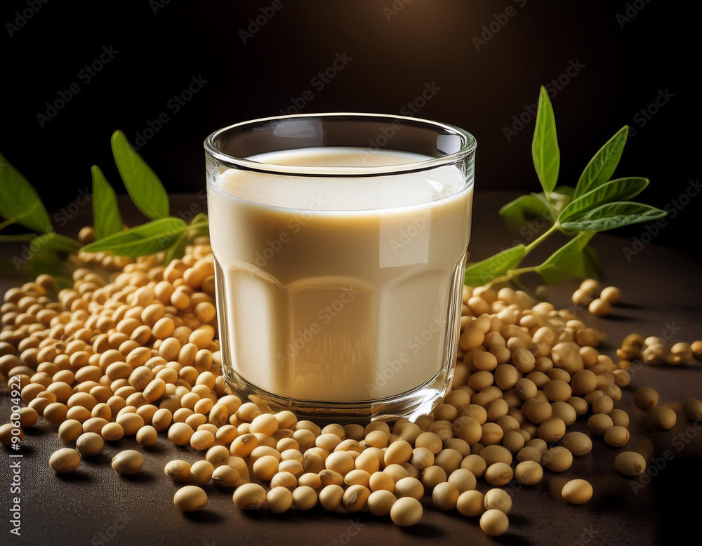 A glass of soy milk with soy seeds around it. Blurred bacckground. A glass of soy milk with soy seeds around it. Blurred bacckground.