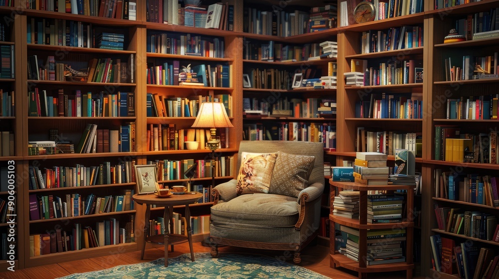 A cozy suburban reading nook with a comfortable armchair, a small table with a lamp, and bookshelves filled with books. A cozy suburban reading nook with a comfortable armchair, a small table with a lamp, and bookshelves filled with books.