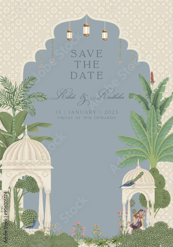 Mughal Wedding Card Design. Invitation card for printing vector illustration.