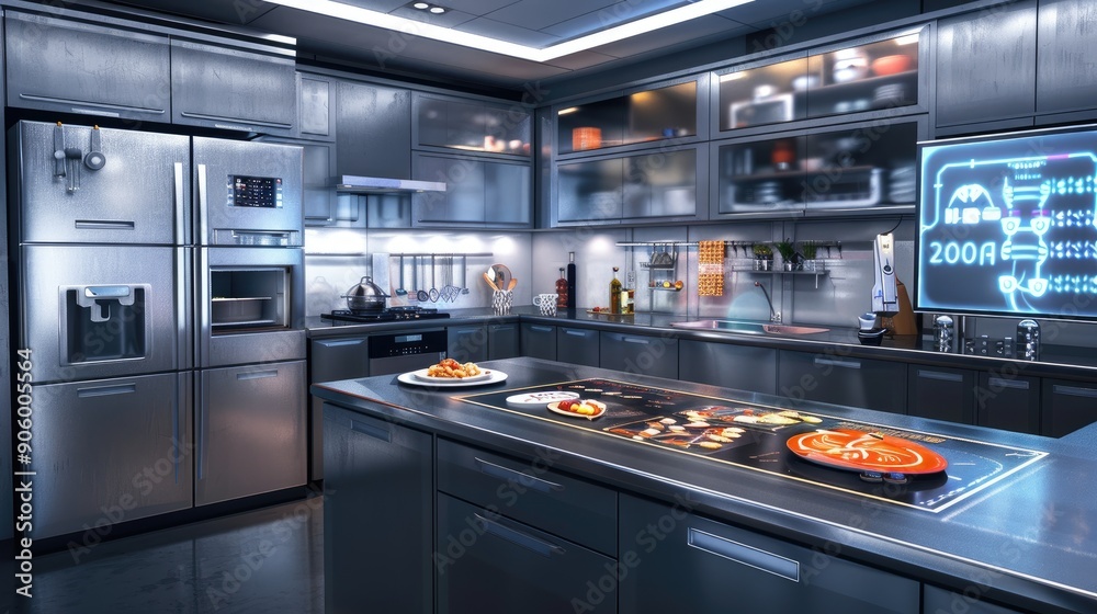 A futuristic kitchen with metallic cabinets, an intelligent refrigerator, and a holographic countertop interface for recipes and meal planning. A futuristic kitchen with metallic cabinets, an intelligent refrigerator, and a holographic countertop interface for recipes and meal planning.