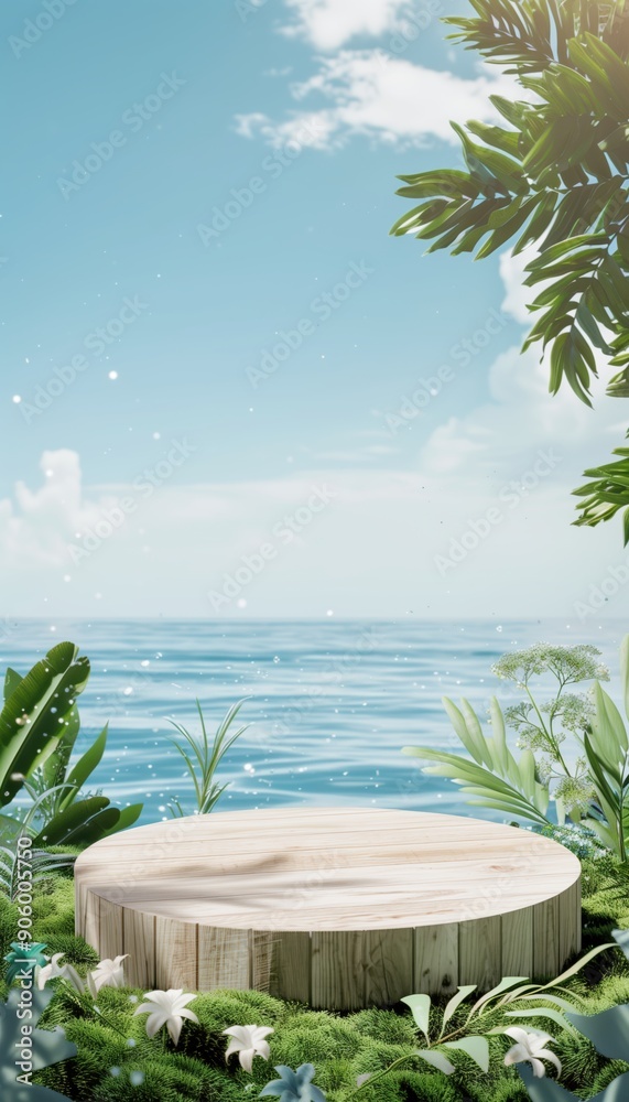 Fototapeta premium A wooden podium set against a backdrop of a beautiful beach, Great for natural beauty and relaxation-themed projects.