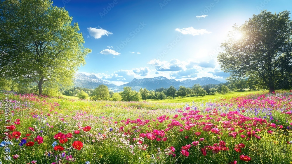 Illustration of a vibrant flower meadow in spring with a focus on the setting sun, showcasing a warm golden hour effect. Illustration of a vibrant flower meadow in spring with a focus on the setting sun, showcasing a warm golden hour effect.