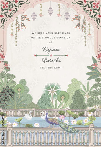 Traditional Indian Mughal Wedding Card Design. Invitation card for printing vector illustration.