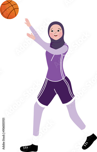 Muslim girl character playing basketball cartoon illustration
