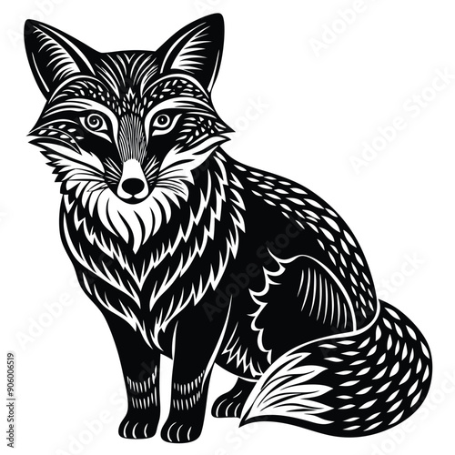 Black and White Stylized Illustration of a Sitting Fox