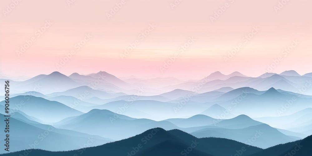 Obraz premium Serene Mountain Dawn: Layers of blue-hued peaks fade into a soft pink sunrise, evoking tranquility and majesty in nature's embrace. 