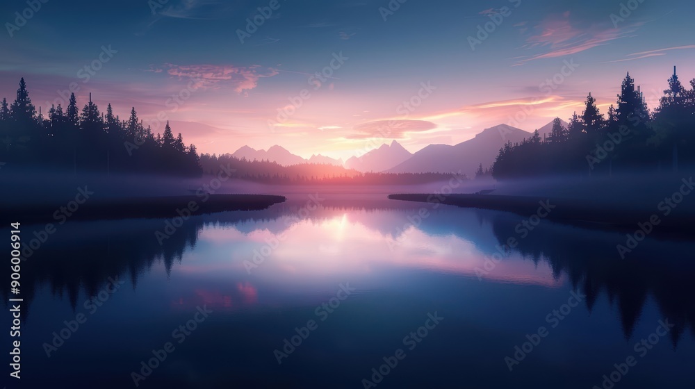 Fototapeta premium Serene sunrise over a tranquil lake with mountain reflections.