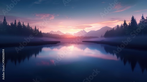 Serene sunrise over a tranquil lake with mountain reflections. © narak0rn