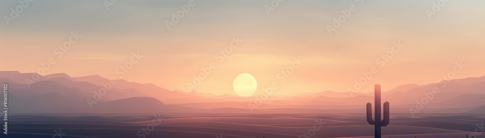 Fototapeta premium Silhouette of a cactus against a hazy sunset in a desert landscape.
