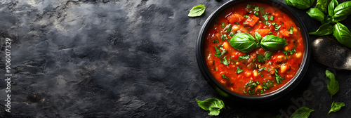 Bowl of creamy tomato soup with basil garnish