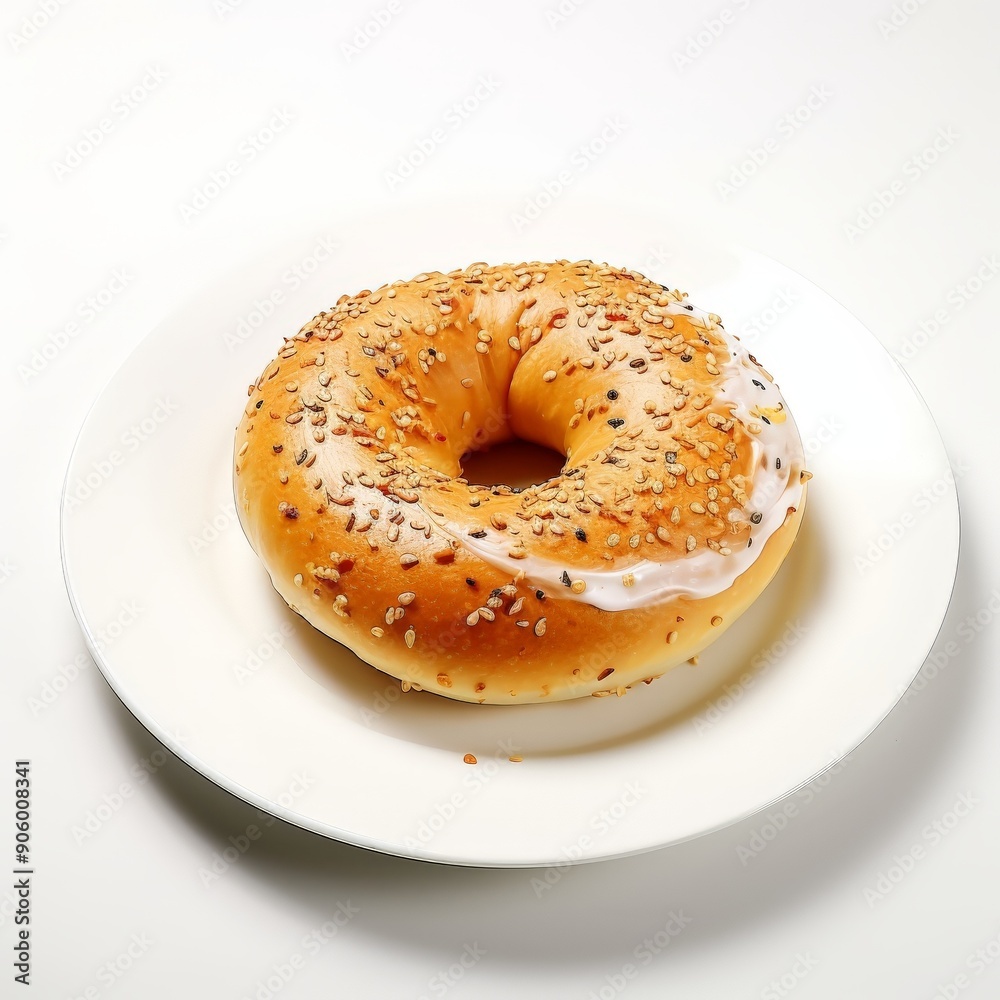 Scrumptious bagel with cream cheese on a white plate Scrumptious bagel with cream cheese on a white plate