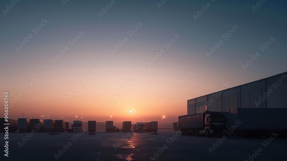 Silhouettes of semi-trucks at sunset in a parking lot. Silhouettes of semi-trucks at sunset in a parking lot.