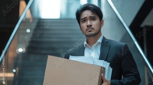 Wallpaper Mural Office worker Businessman holding cardboard box with documents on stair of office building to leave office after resign from job, Loss a job, Unemployed concept. Torontodigital.ca