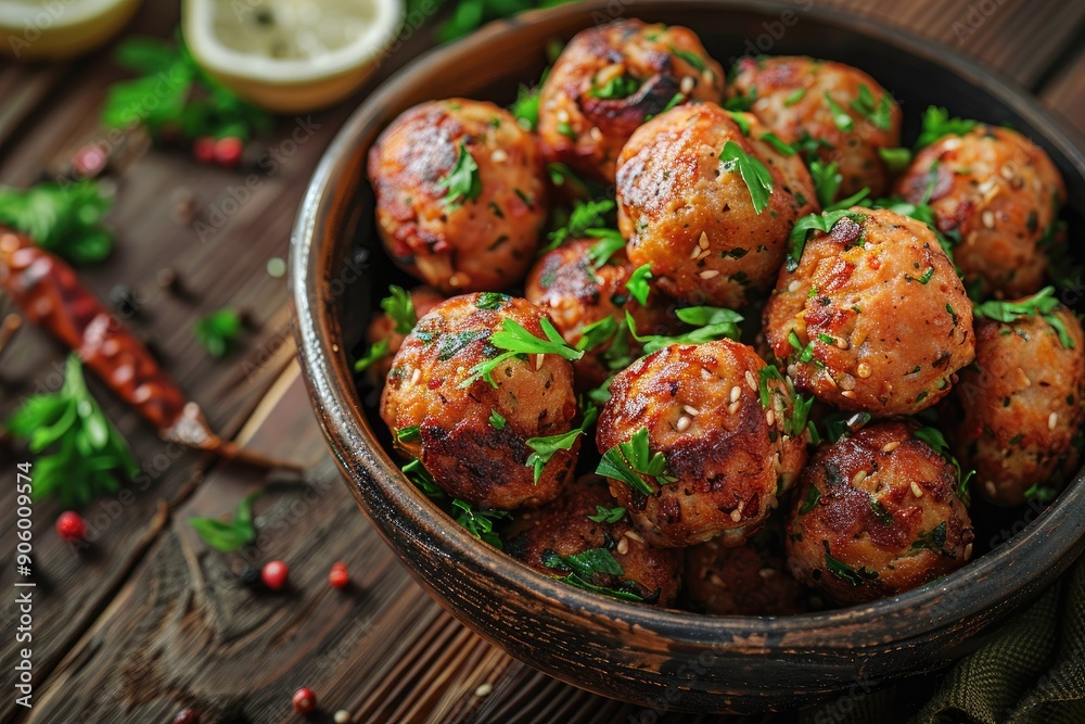 Delicious Herb-Infused Meatballs in Rustic Bowl - Fresh Homemade Appetizer Delicious Herb-Infused Meatballs in Rustic Bowl - Fresh Homemade Appetizer