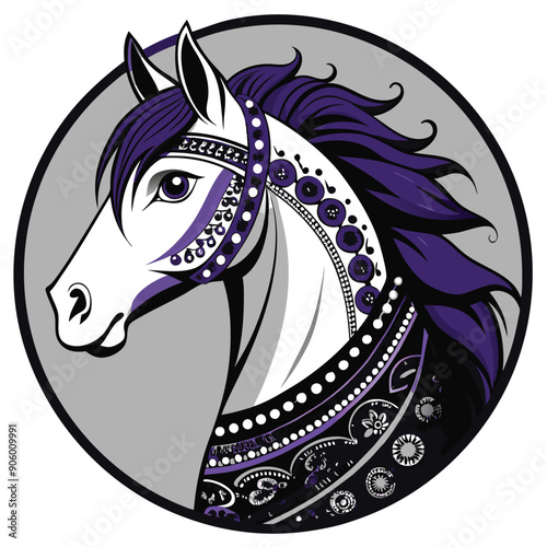 Ornate White Horse Head with Purple Mane and Jewel Decor