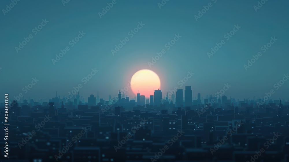 Silhouetted cityscape with a large sun rising over it. Silhouetted cityscape with a large sun rising over it.