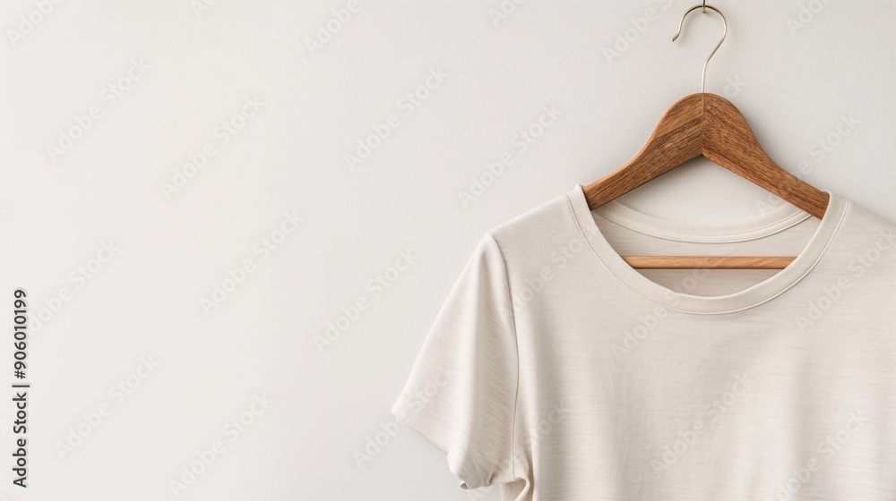 Minimalist White T-Shirt Mockup: A simple yet elegant white t-shirt hangs on a wooden hanger against a clean white background. Perfect for showcasing your designs or branding. Minimalist White T-Shirt Mockup: A simple yet elegant white t-shirt hangs on a wooden hanger against a clean white background. Perfect for showcasing your designs or branding.
