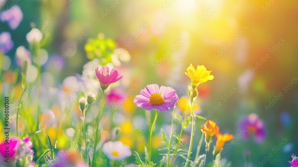 Colorful summer flower meadow with sunbeams and bokeh lights, ideal for nature-themed banners or greeting cards. Colorful summer flower meadow with sunbeams and bokeh lights, ideal for nature-themed banners or greeting cards.