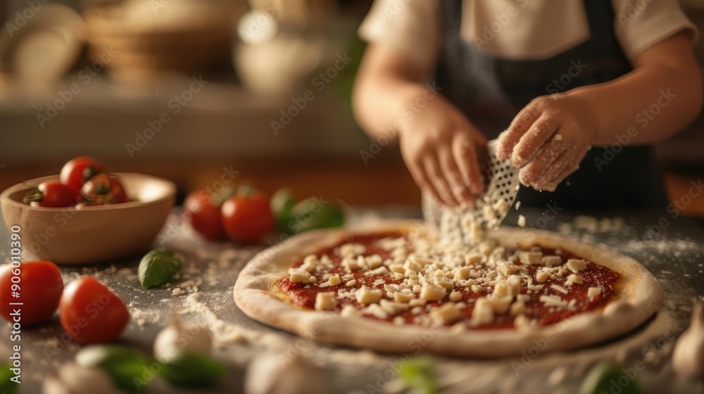 Close-up of hands adding cheese to a pizza dough. Close-up of hands adding cheese to a pizza dough.