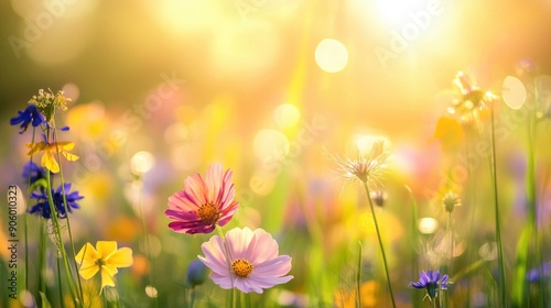 Colorful summer flower meadow with sunbeams and bokeh lights, ideal for nature-themed banners or greeting cards.