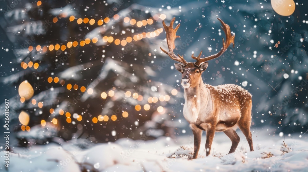 Christmas banner with magical scene of reindeer in show with Christmas lights and stars with copy space created with Generative AI technology