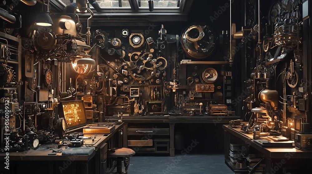 A cluttered workshop filled with tools, gears, and other mechanical objects, illuminated by warm light.