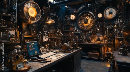 A cluttered steampunk workshop with tools, gadgets, and gears.