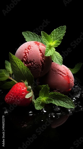 Scrumptious strawberry ice cream and fresh mint leaves on a black background photo